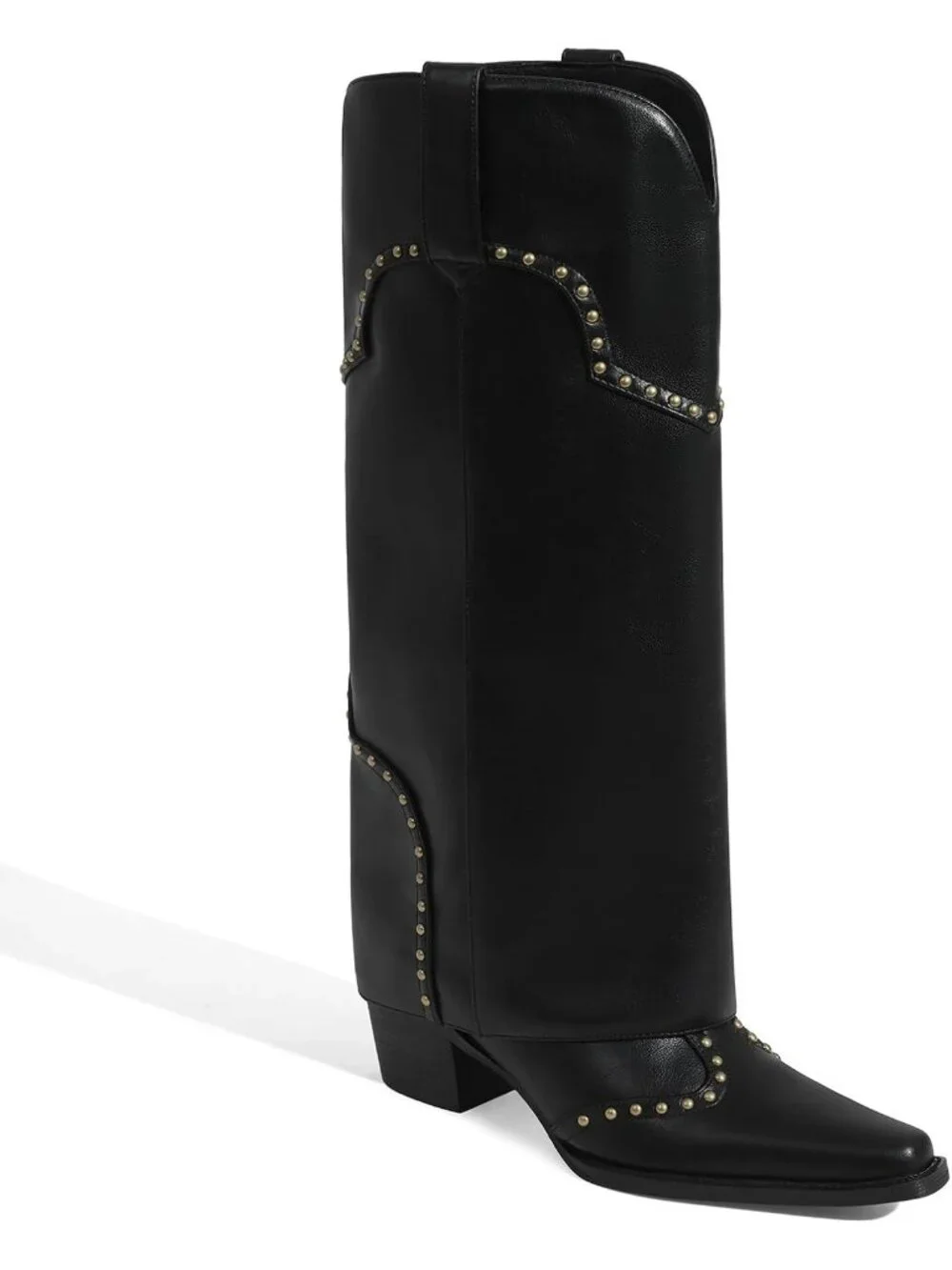 Women's Black Polyurethane (PU) Studded Fold Over Knee High Chunky Heel Boot